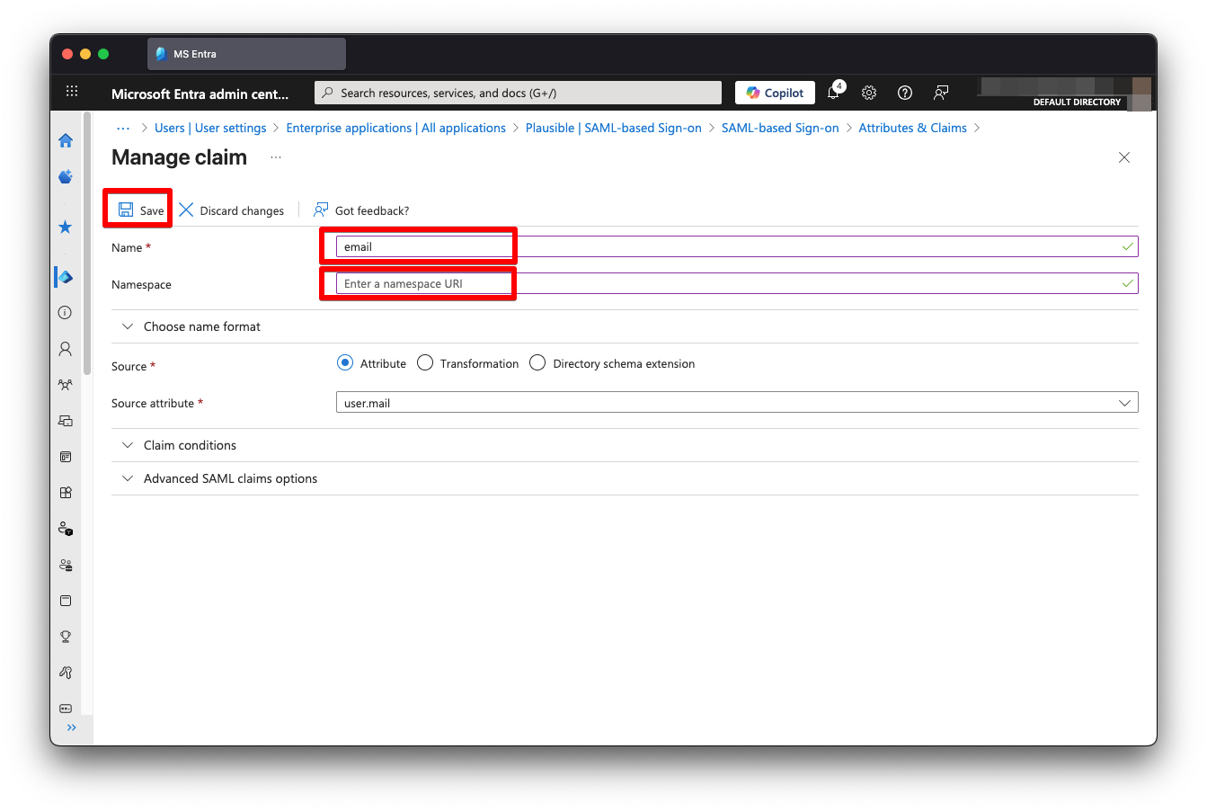 MS Entra email claim edit