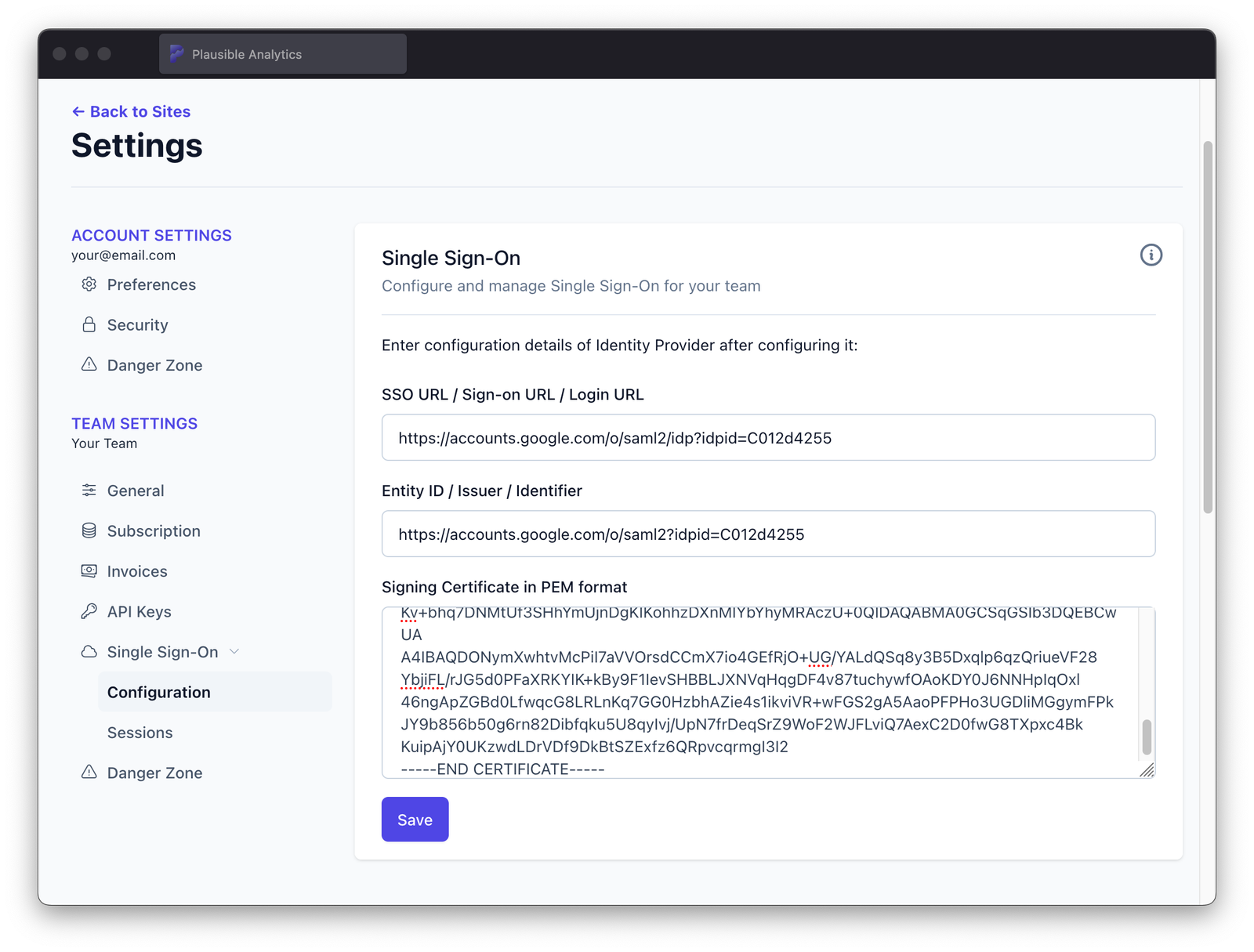 SSO configuration parameters for SP